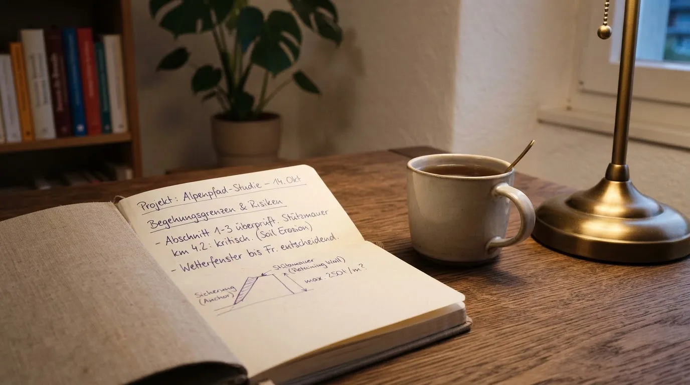 Ein Notizbuch mit handschriftlichen Einträgen und eine Tasse Tee stehen auf einem Tisch neben einer Stehlampe