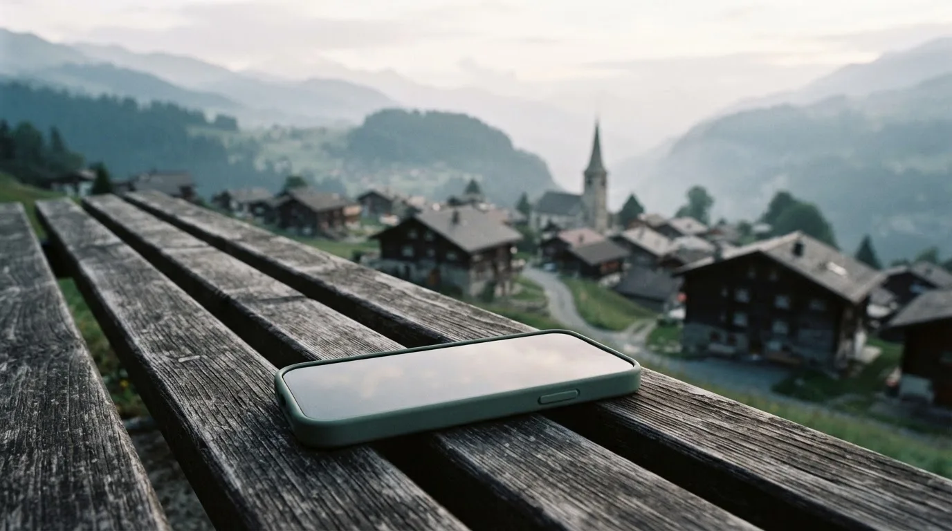 Ein Smartphone mit dunklem Display liegt auf einer Parkbank, dahinter ein Schweizer Dorf mit Kirchturm im Dunst