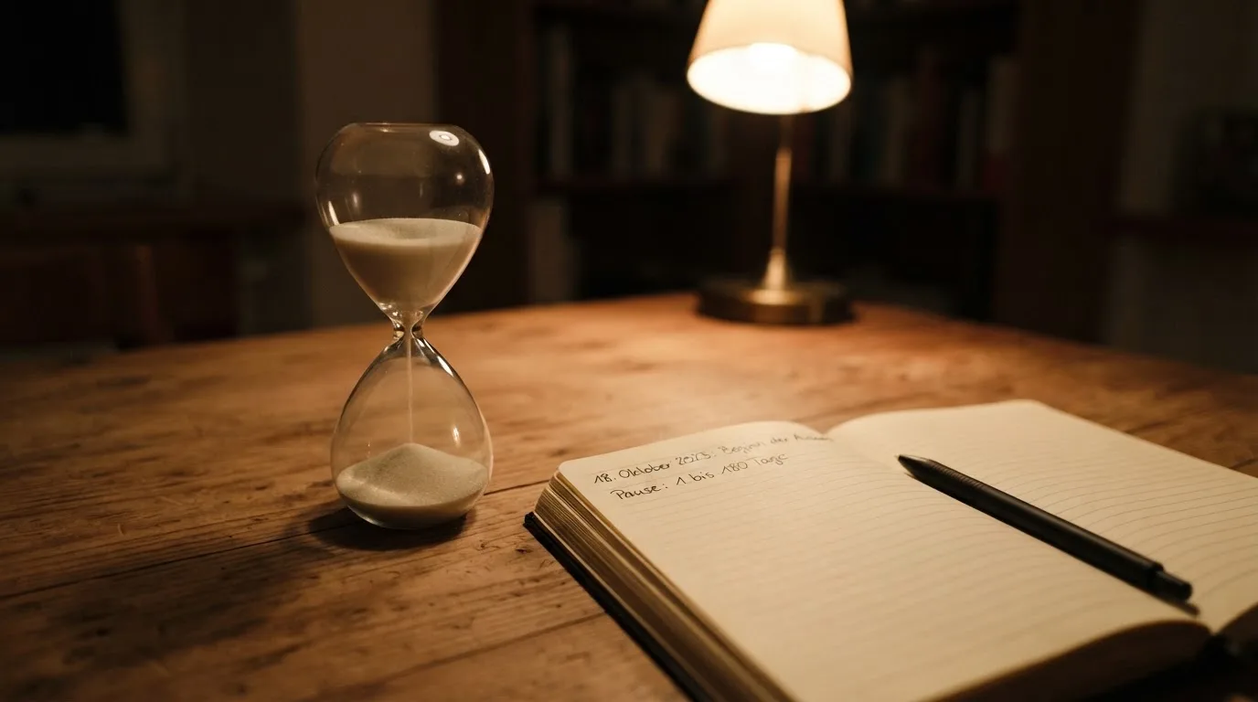 Eine Sanduhr steht auf einem Schreibtisch neben einem Notizbuch mit handschriftlichen Einträgen im Licht einer Lampe