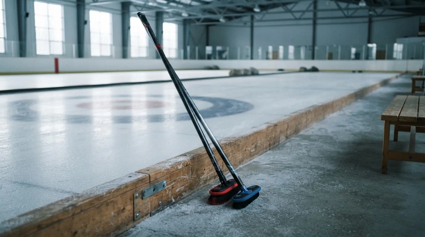 Zwei Curlingbesen lehnen an einer Bande am Rand einer leeren Eisfläche, kaltes Licht fällt durch hohe Fenster