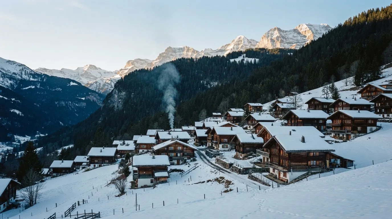 Ein Bergdorf im Schnee am Morgen aus der Ferne gesehen, aus einem Kamin steigt Rauch auf