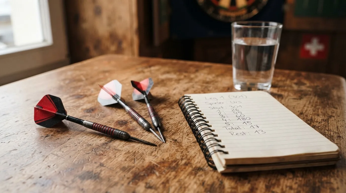Drei Dartpfeile liegen auf einer Holzfläche neben einem Notizblock mit handschriftlichen Zahlen und einem Glas Wasser