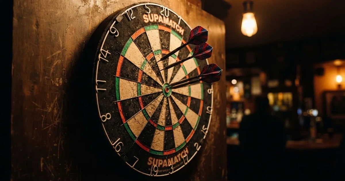 Drei Dartpfeile stecken in einer Dartscheibe an einer Holzwand in einer dämmrigen Kneipe, warmes Lampenlicht fällt von oben