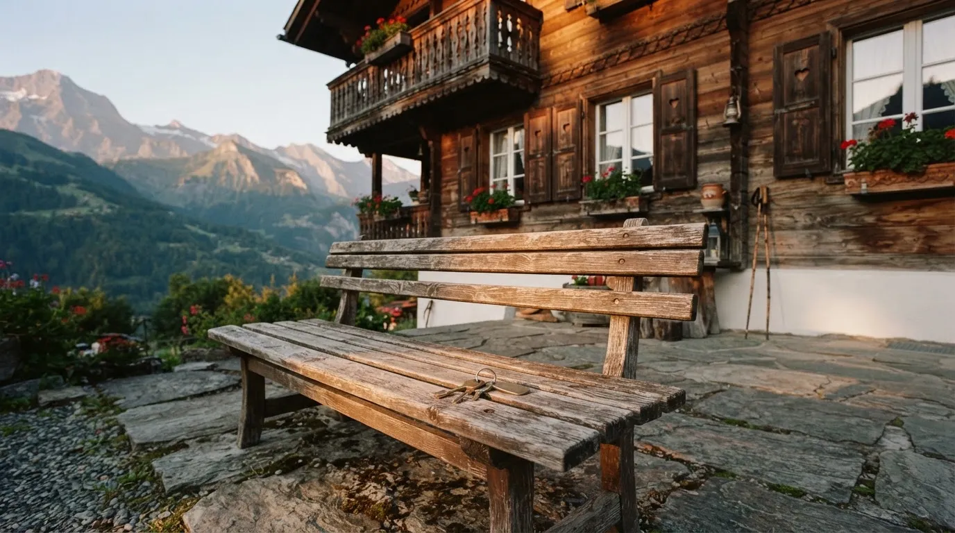 Eine Holzbank steht vor einem Chalet im Abendlicht, ein Schlüsselbund liegt darauf