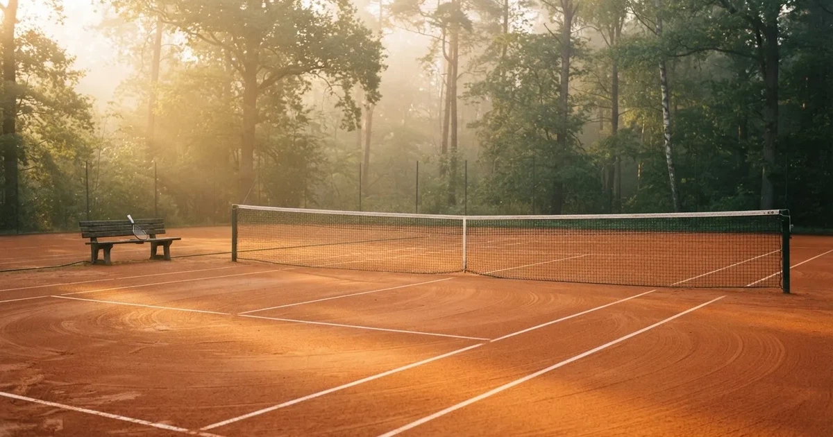 Ein Tennisplatz aus Sand bei Sonnenaufgang mit gespanntem Netz, Nebel zwischen den Bäumen am Rand