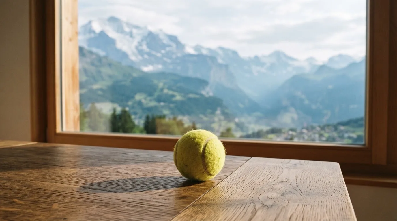 Ein einzelner gelber Tennisball liegt auf einem Holztisch vor einem Fenster mit Alpenblick