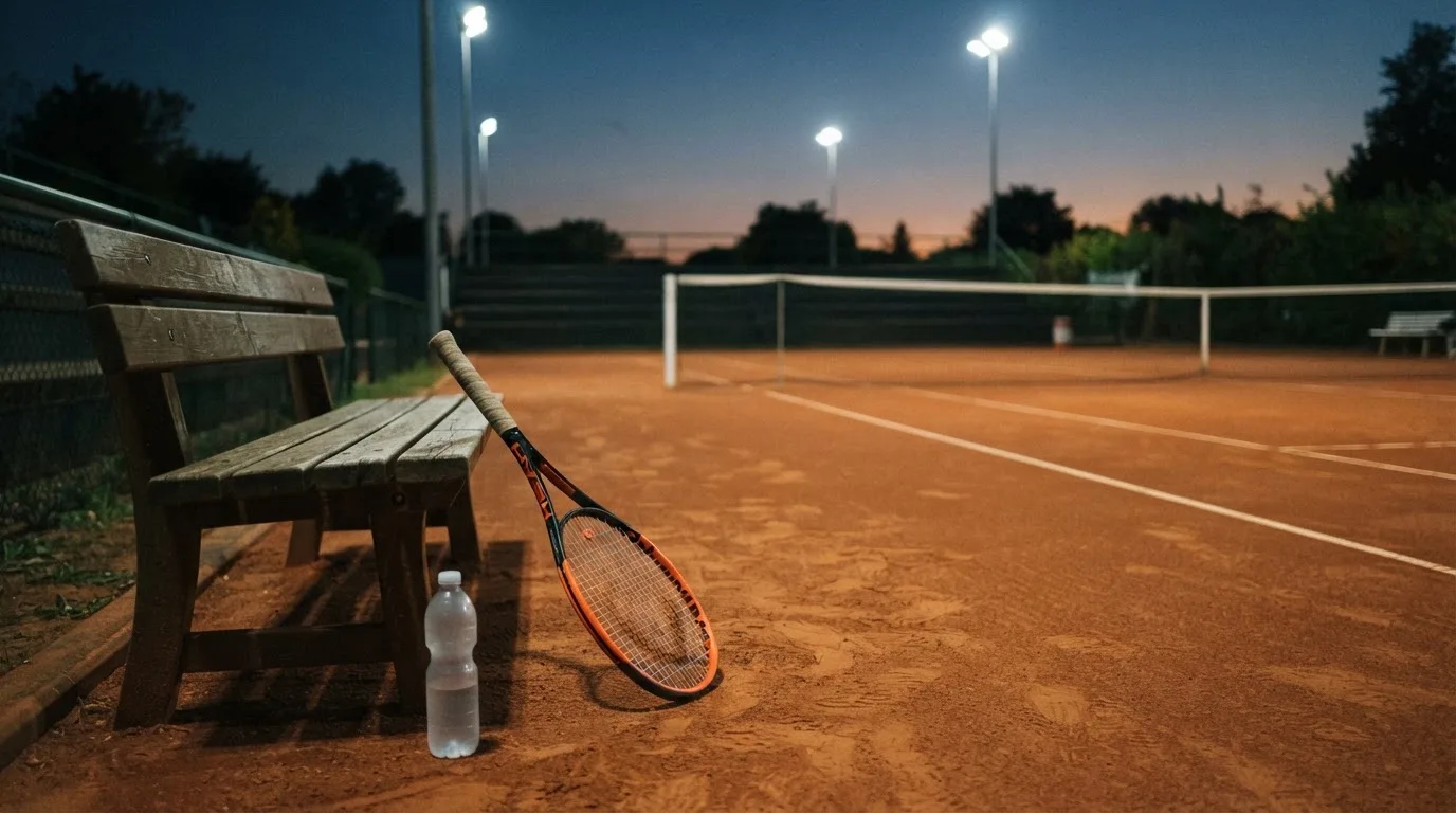 Ein Tennisschläger lehnt an einer Bank neben einer Wasserflasche, am Abend ruht der Platz im Flutlicht, aus der Ferne gesehen
