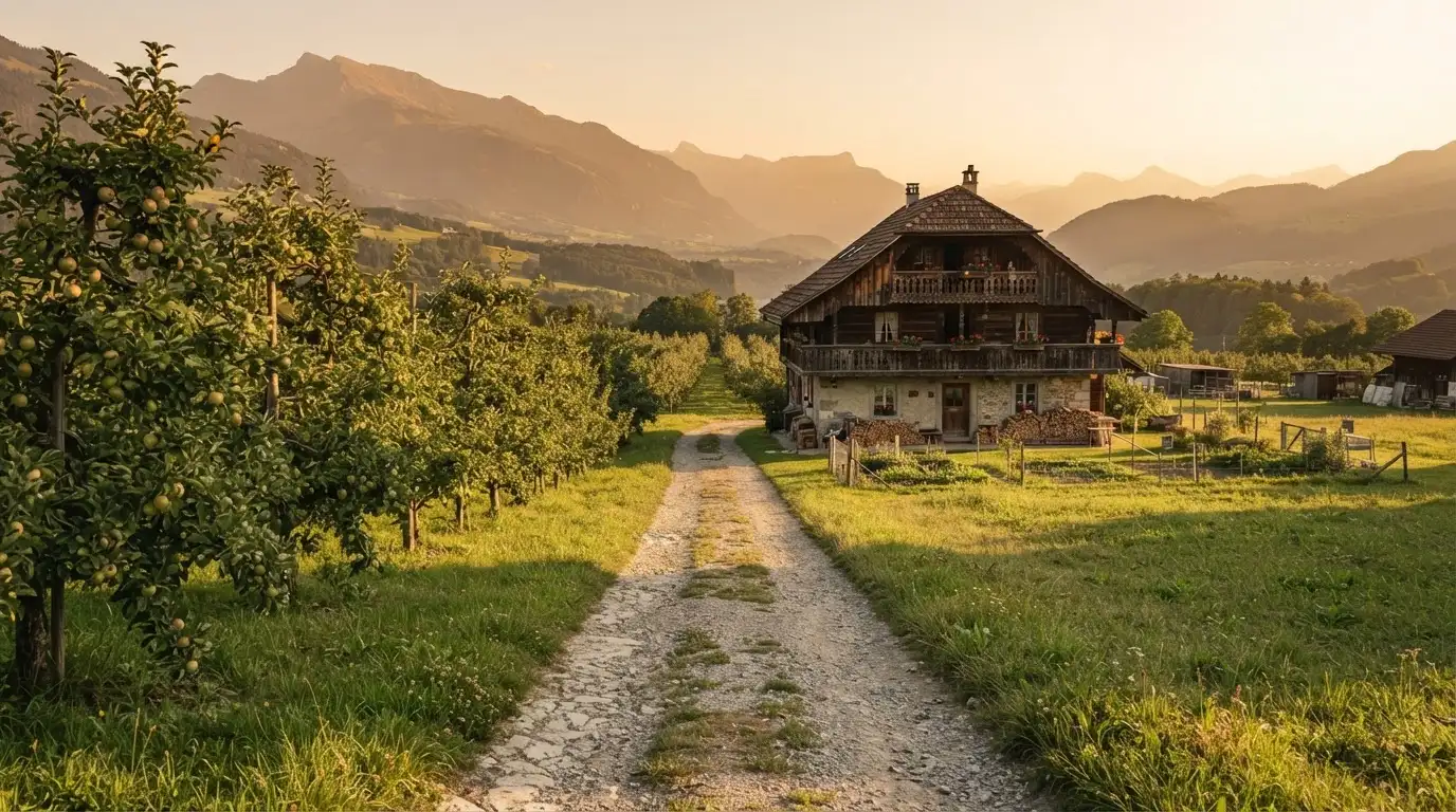 Ein Kiesweg führt durch einen Obstgarten zu einem Bauernhaus mit Holzbalkon, über dem Tal liegt Abendlicht