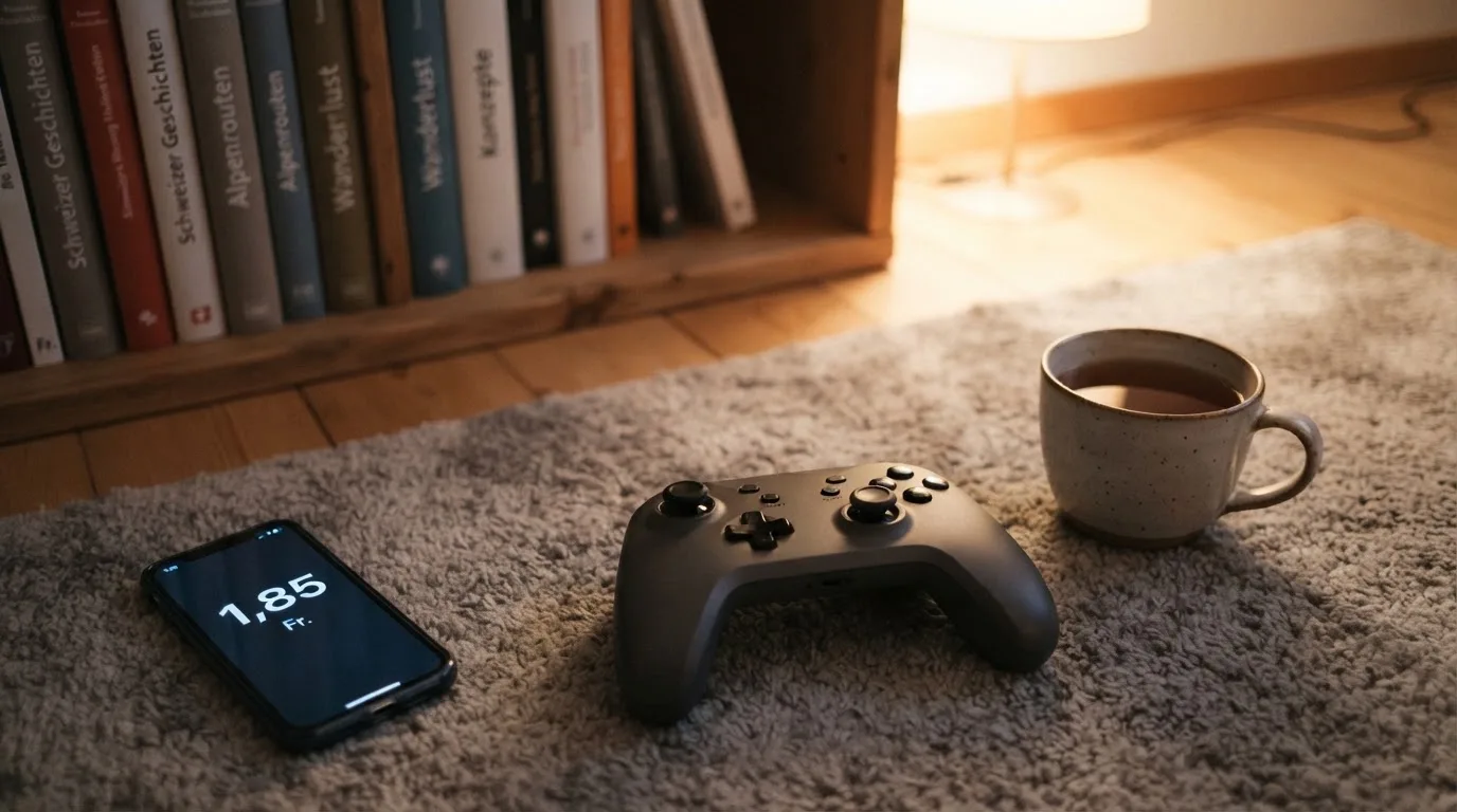 Ein Spielcontroller liegt auf einem Teppich neben einer Tasse, im Hintergrund ein Regal mit Büchern