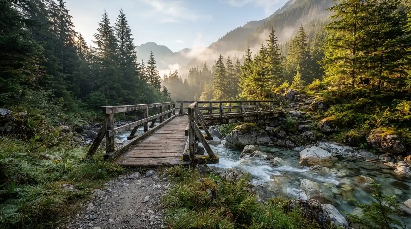 Eine alte Holzbrücke führt über einen Bergbach im Morgenlicht, Tannen säumen das Ufer