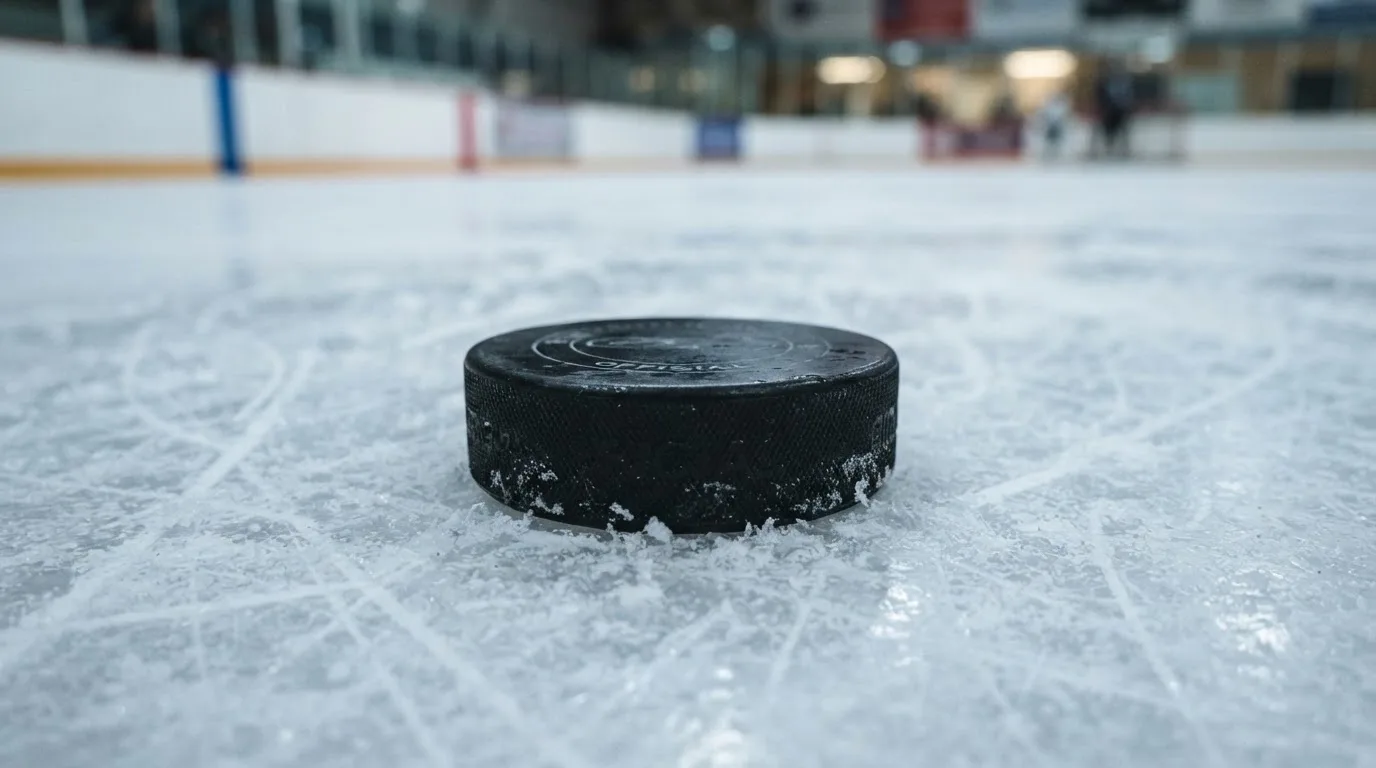 Ein Eishockeypuck liegt auf einer Eisfläche mit Kratzspuren, Nahaufnahme mit kühlen Reflexen
