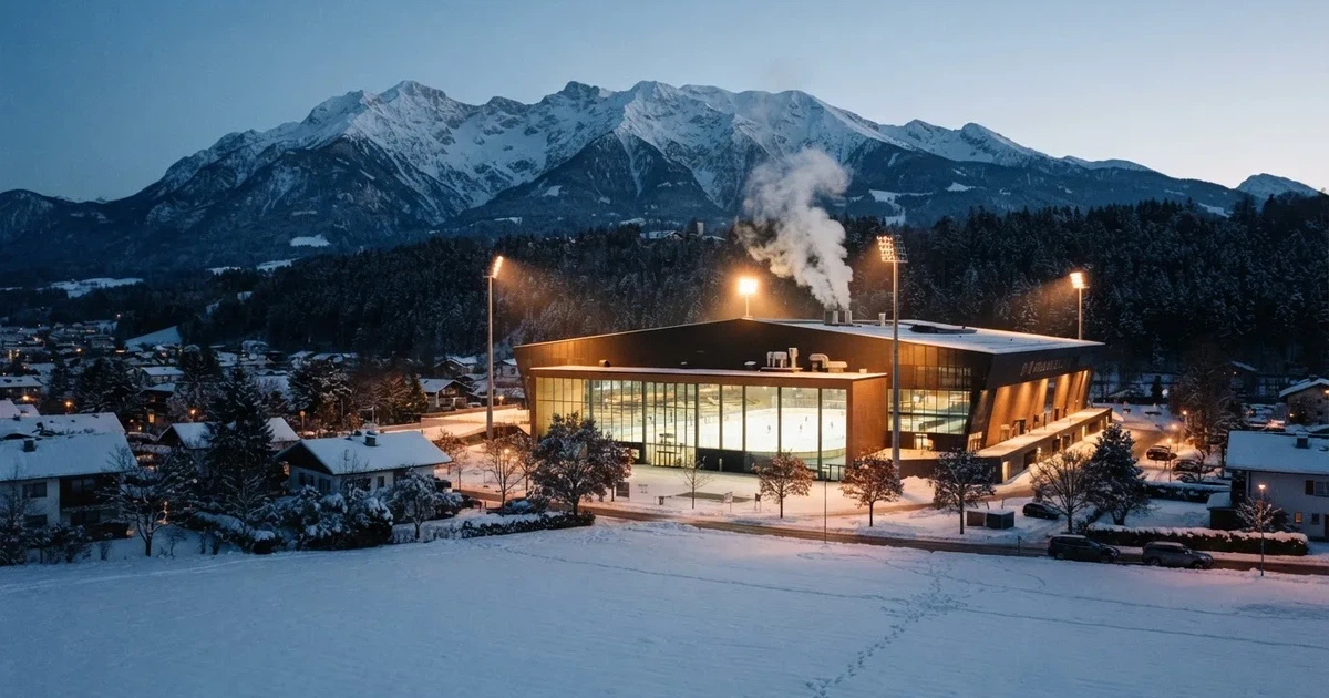 Eine Eishalle von weitem unter Flutlicht in einer verschneiten Stadtlandschaft, Dampf steigt vom Dach auf