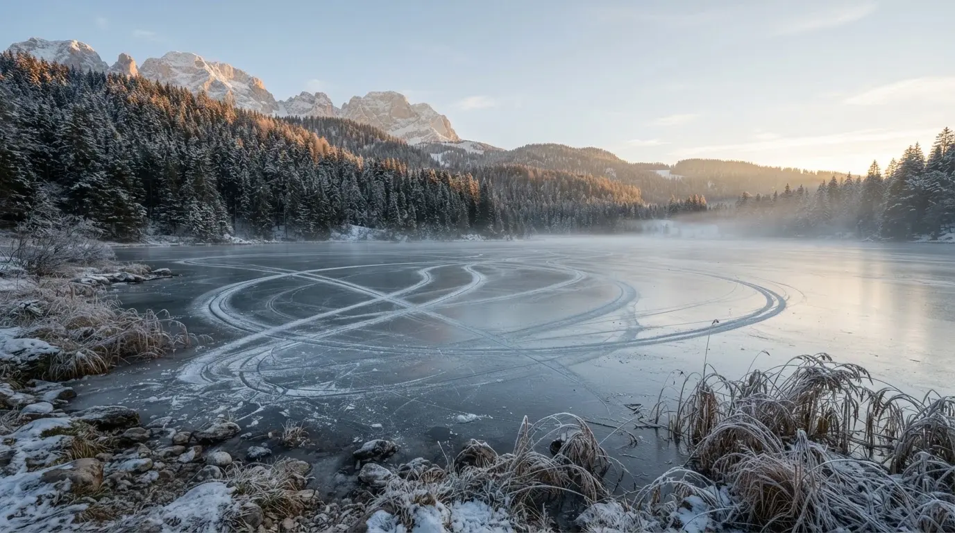 Ein zugefrorener Bergsee mit Spuren von Schlittschuhen am Morgen, dahinter ein verschneiter Wald