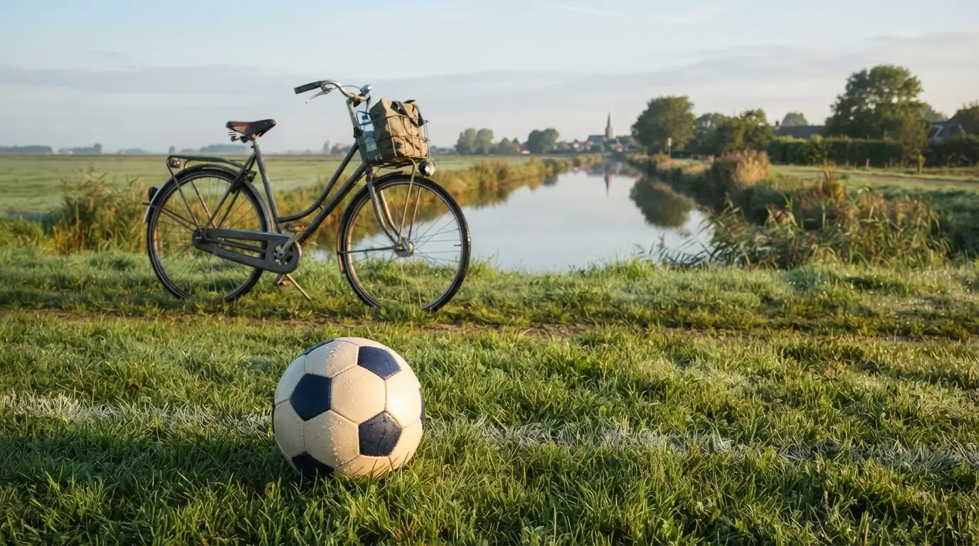 Ein Fussball liegt auf einer Wiese neben einem Fahrrad, im Hintergrund ein Kanal im Morgenlicht