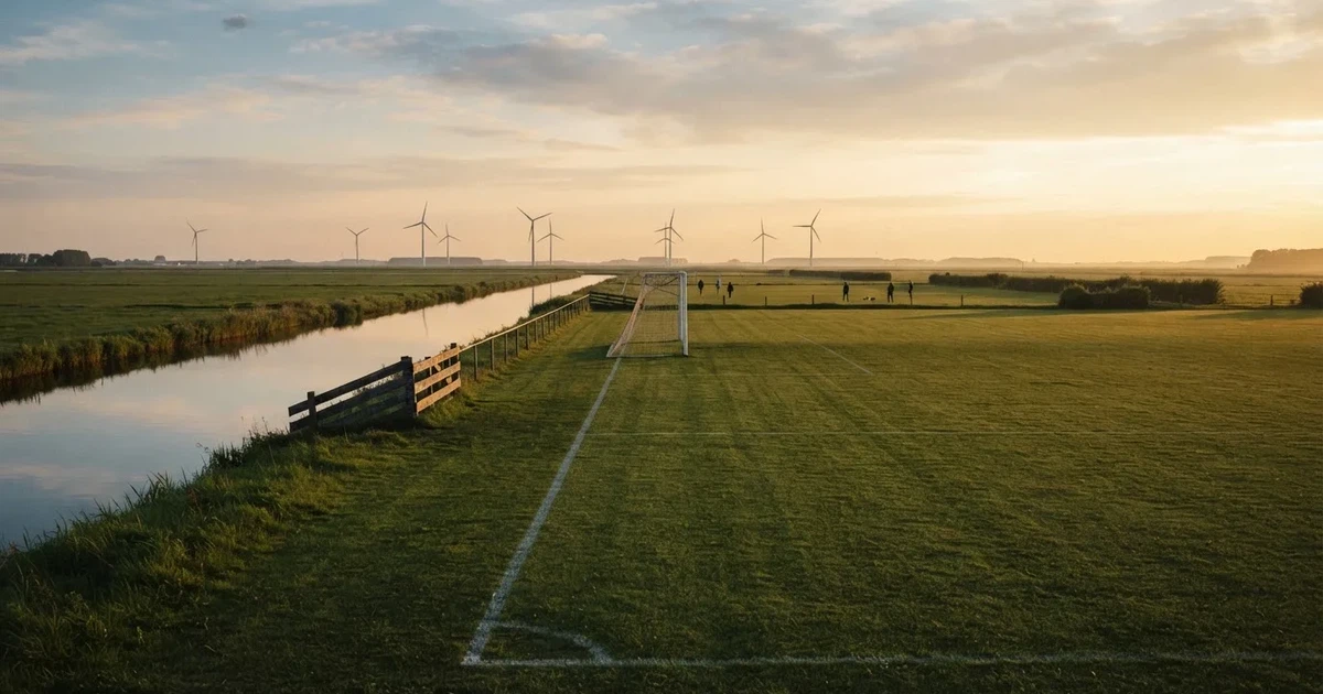 Ein Fussballplatz neben einem Kanal in flachem Land mit Windrädern am Horizont, Abendlicht liegt über dem Rasen