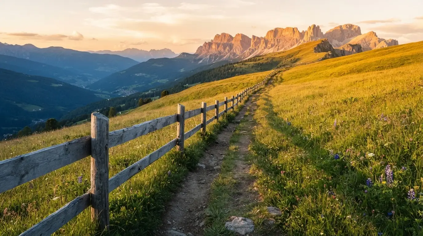 Ein Wanderweg führt durch eine Almwiese im Sonnenuntergang, am Wegrand steht ein Holzzaun