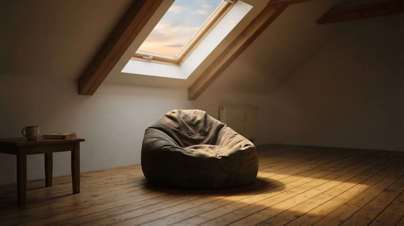 Ein leerer Sitzsack steht in einem Zimmer mit Dachfenster, Abendlicht fällt auf den Holzboden