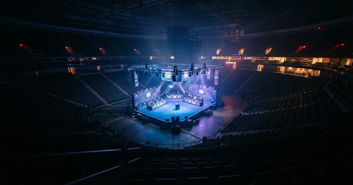 Eine grosse leere Arena mit Bühne und blauem Licht von weitem gesehen, Stuhlreihen liegen im Dunkeln