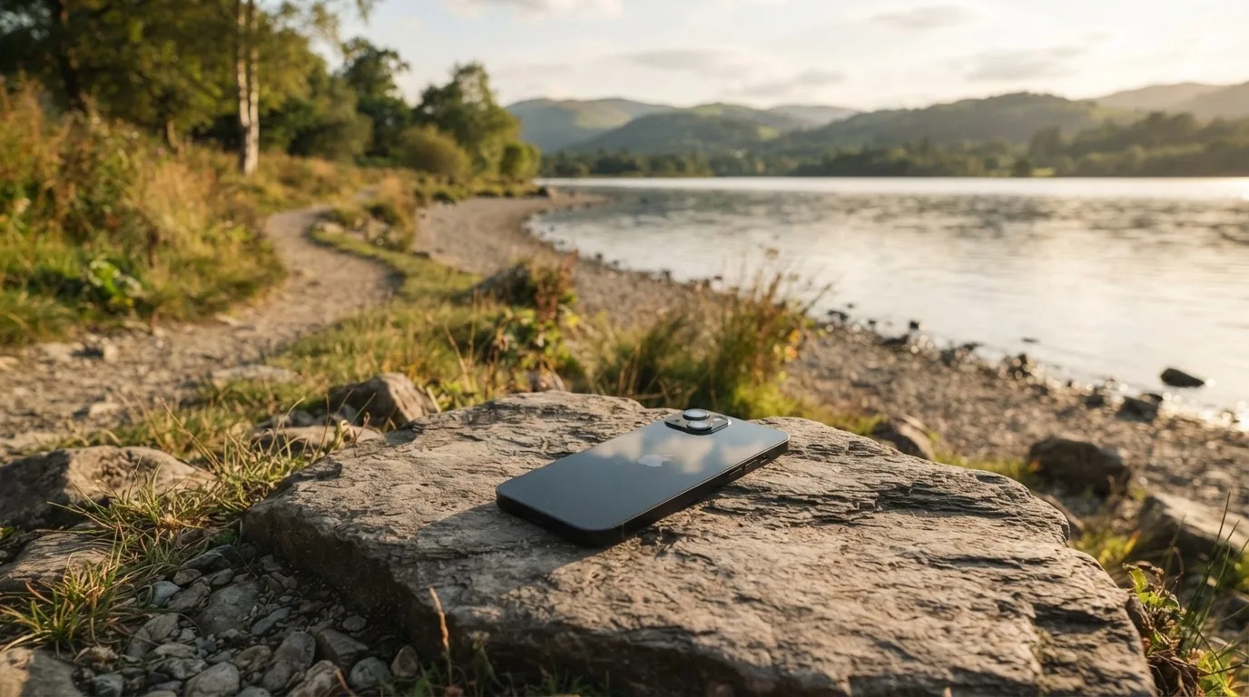 Ein schmaler Wanderweg führt am Seeufer entlang, auf einem Stein liegt ein Smartphone mit dunklem Display