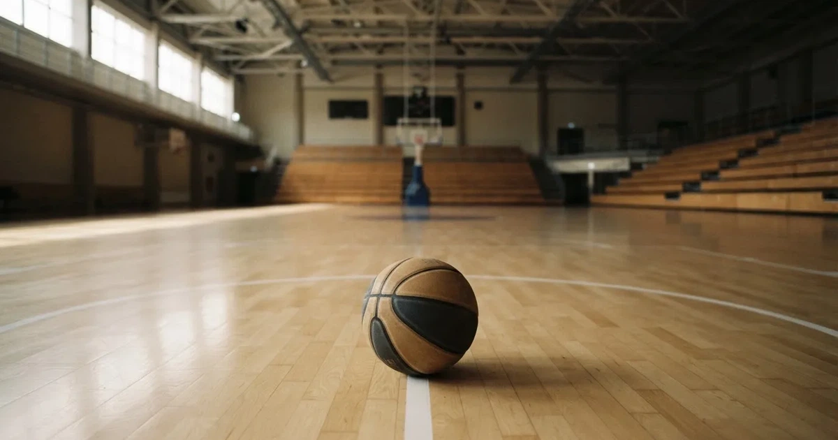 Ein Basketball liegt auf dem hellen Parkett einer leeren Halle, im Hintergrund steigen die Tribünenreihen im Halbdunkel an.