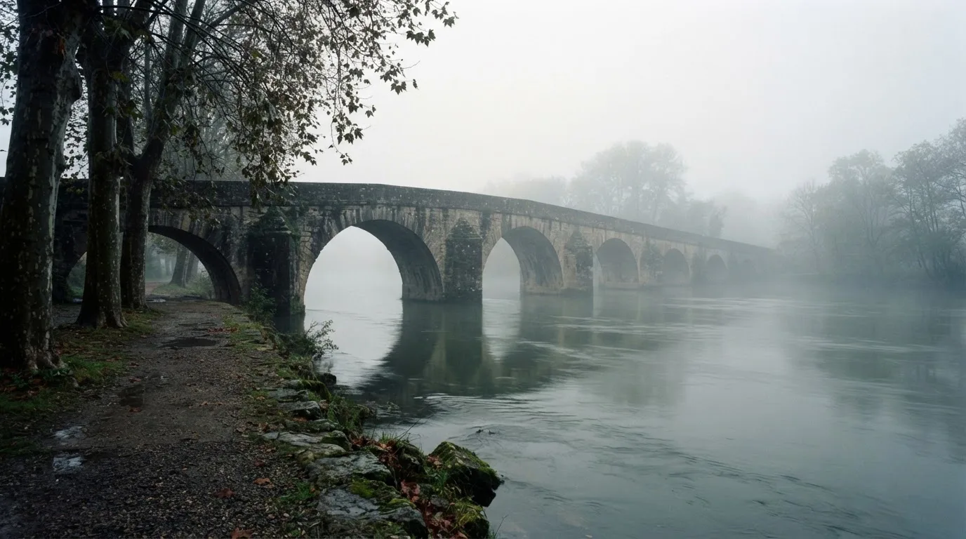Ein breiter Fluss fliesst unter einer Steinbrücke im Nebel, am Ufer stehen Platanen mit nassen Blättern.
