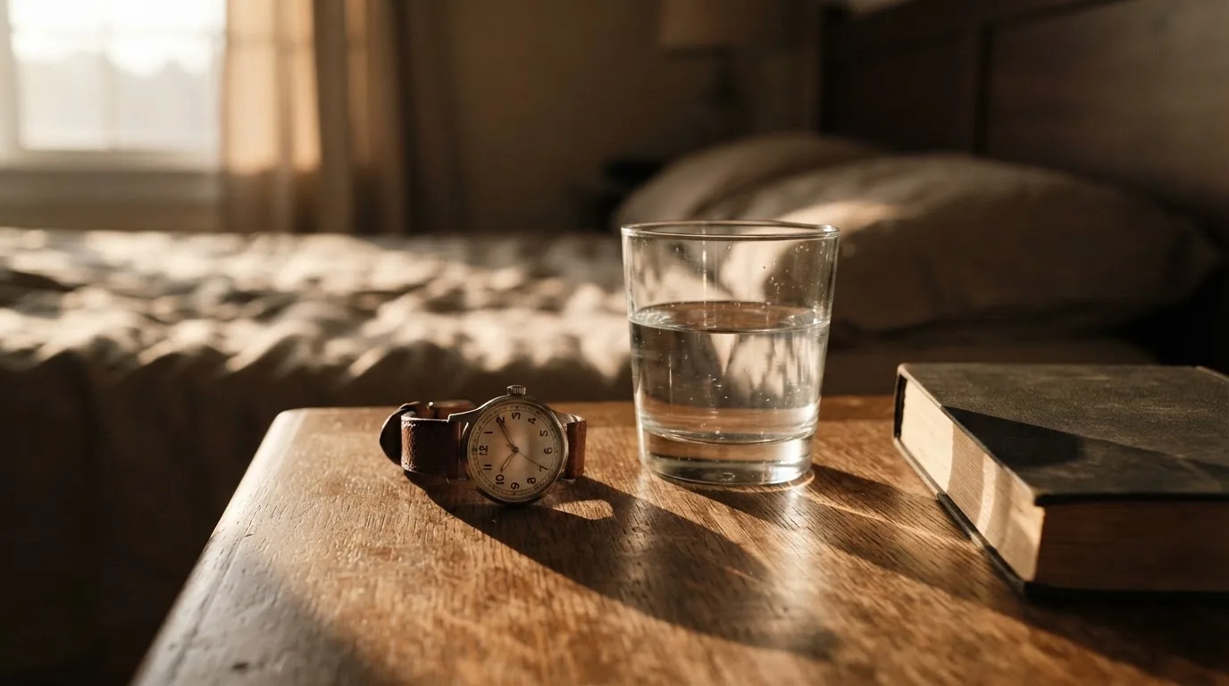 Eine Armbanduhr und ein Wasserglas stehen auf einem Nachttisch im ersten Morgenlicht, daneben ein zugeklapptes Buch.