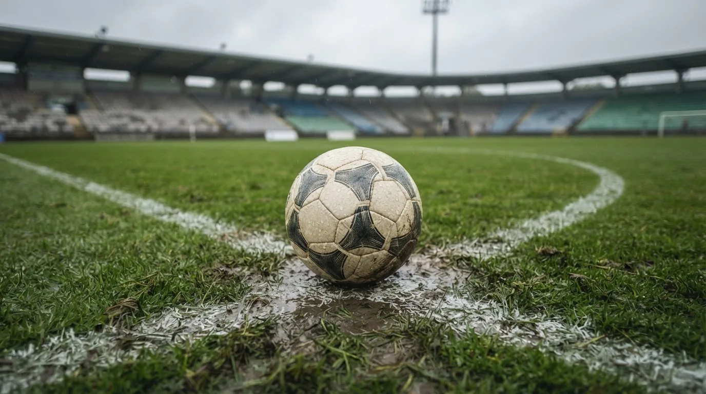 Ein Fussball liegt auf dem Anstosspunkt eines nassen Rasens, dahinter eine leere Tribüne unter grauem Himmel.