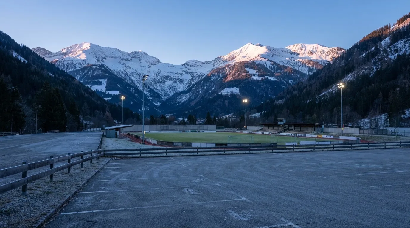 Schneebedeckte Berge ragen hinter einem kleinen Stadion in einem Alpental auf, im Vordergrund ein leerer Parkplatz am Morgen.