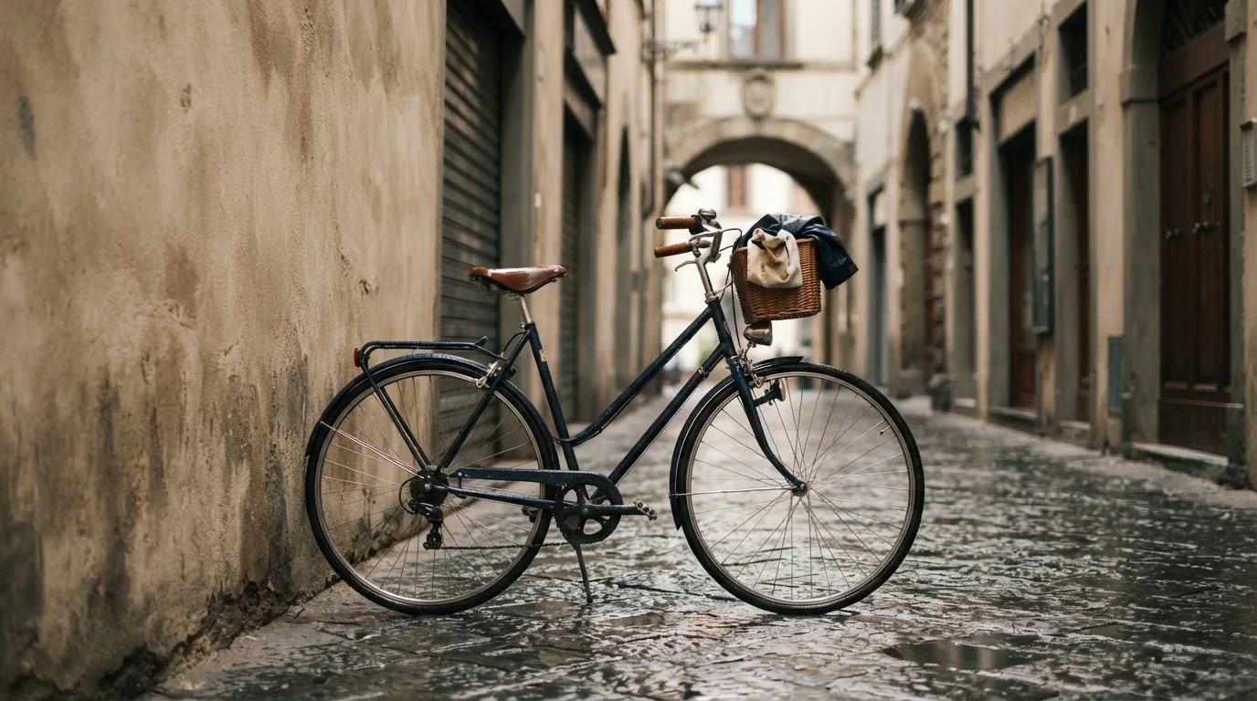 Ein Fahrrad lehnt an einer Mauer in einer Altstadtgasse, das Kopfsteinpflaster glänzt nass nach dem Regen.