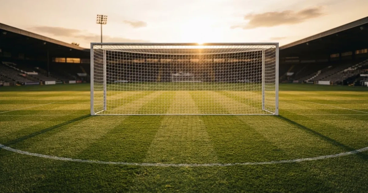 Ein Fussballtor mit weissem Netz steht auf frisch gemähtem Rasen, die hellen und dunklen Streifen im Gras leuchten im Gegenlicht.