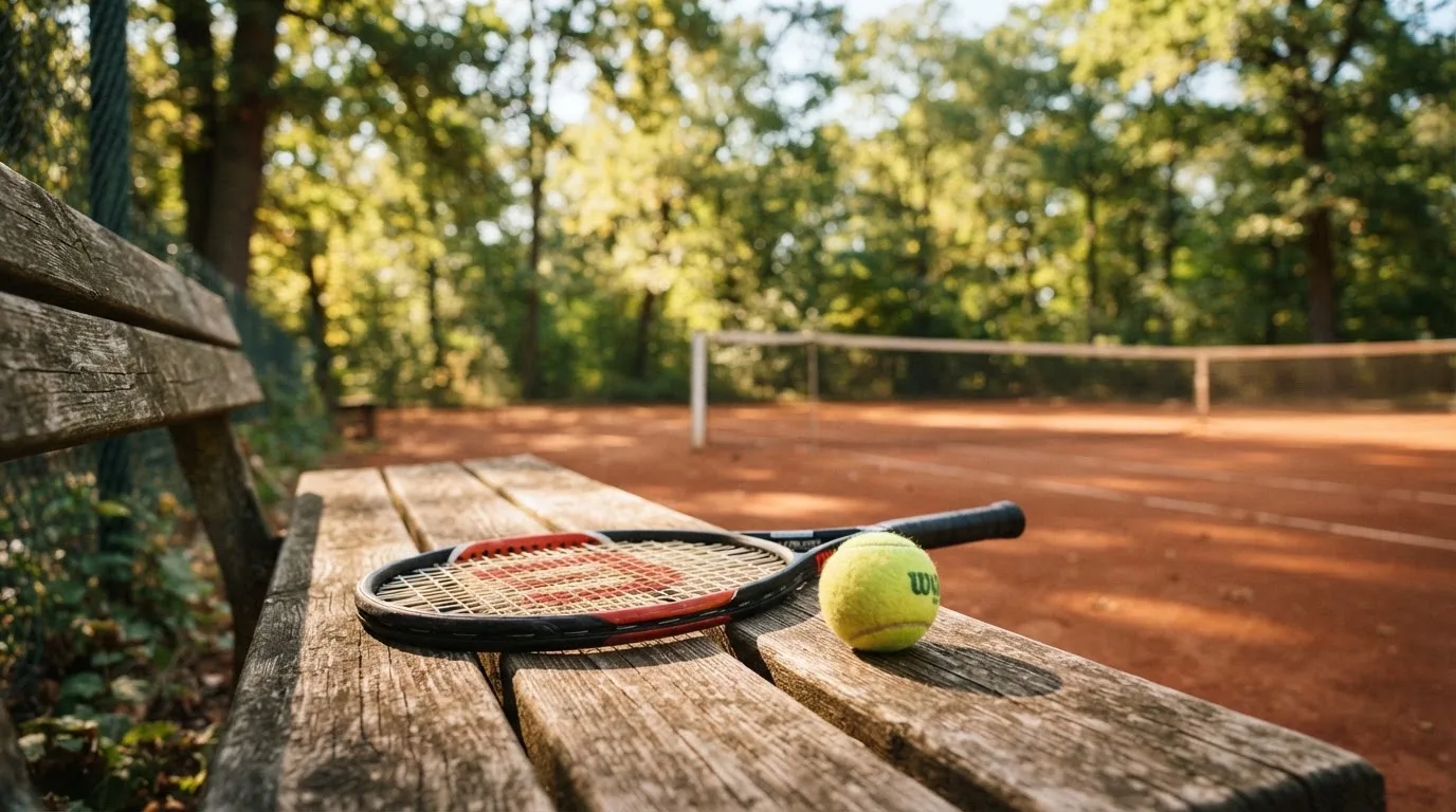 Ein Tennisball und ein Schläger ruhen auf einer Holzbank am Spielfeldrand, im Hintergrund hohe Bäume im Sommerlicht.