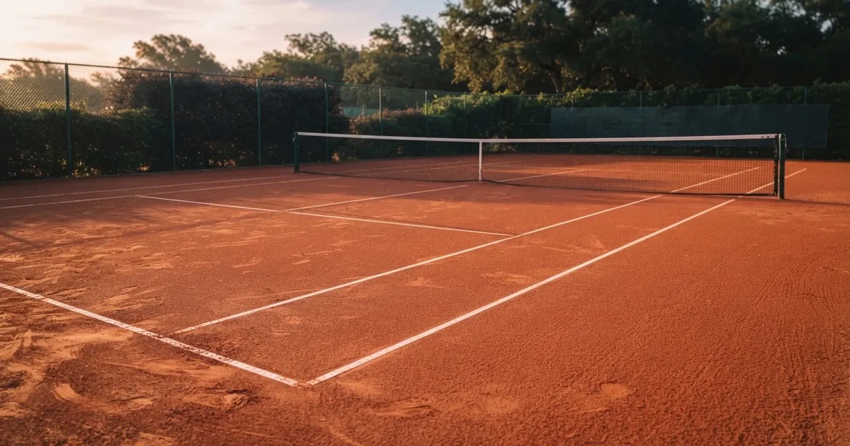 Ein Tennisplatz aus rotem Sand liegt im ersten Licht des Morgens, das Netz hängt still und die Linien sind frisch gezogen.