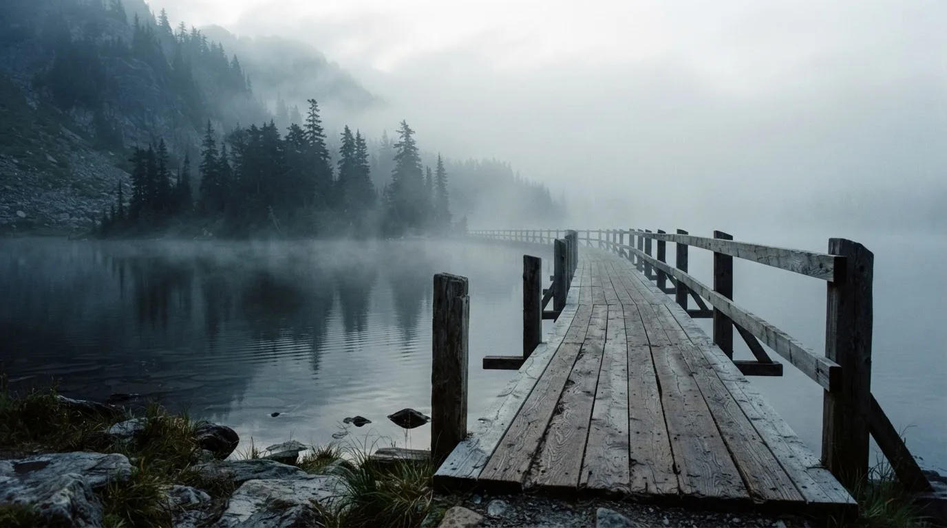 Ein Holzsteg führt über einen ruhigen Bergsee im Nebel, am anderen Ufer stehen dunkle Tannen.