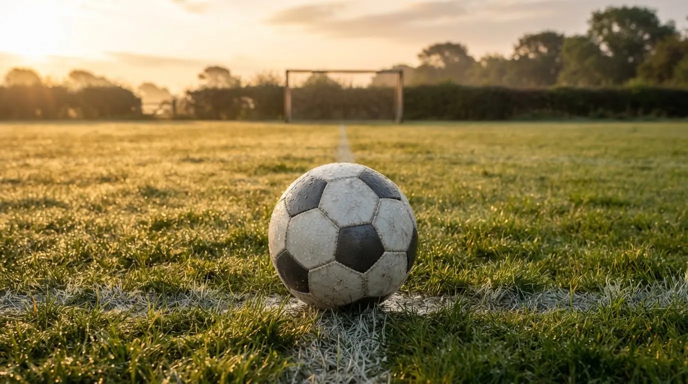 Ein Fussball liegt im Tau auf der Mittellinie eines Dorfplatzes bei Sonnenaufgang, der Rasen glitzert.