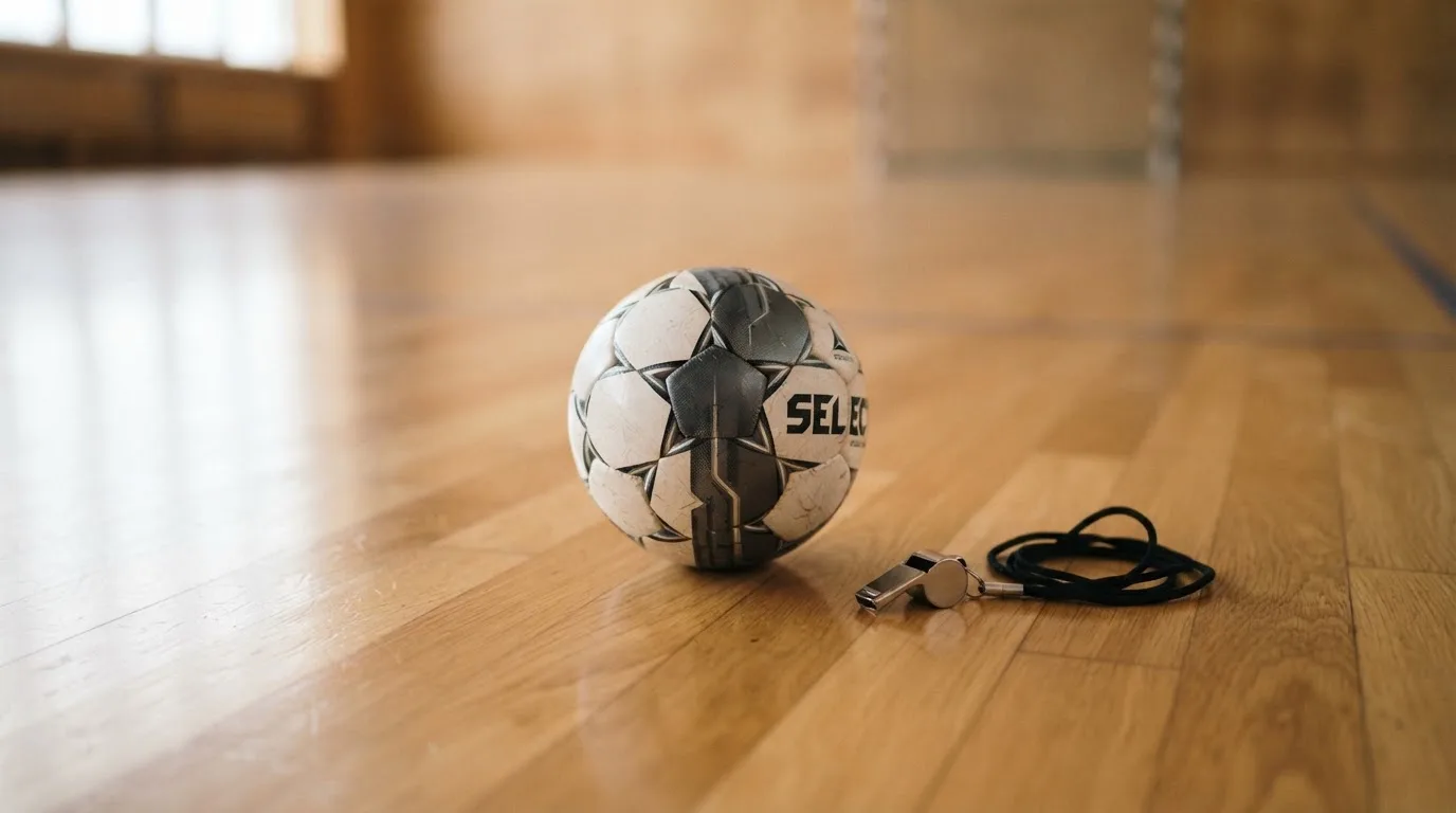 Ein kleiner, schwerer Ball liegt auf glattem Hallenparkett neben einer Trillerpfeife an einer Schnur.