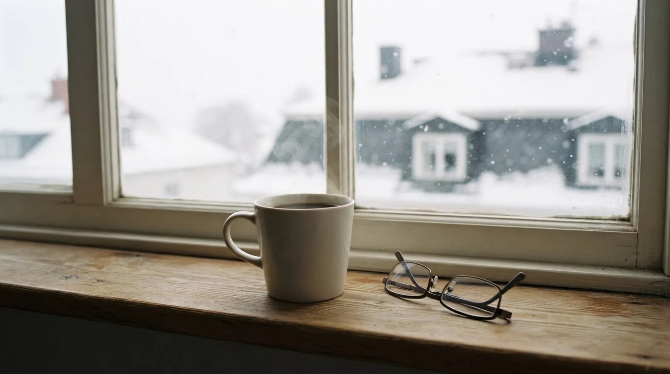 Eine Kaffeetasse und eine Brille stehen auf einem Fensterbrett, draussen fällt Schnee auf ein Dach.