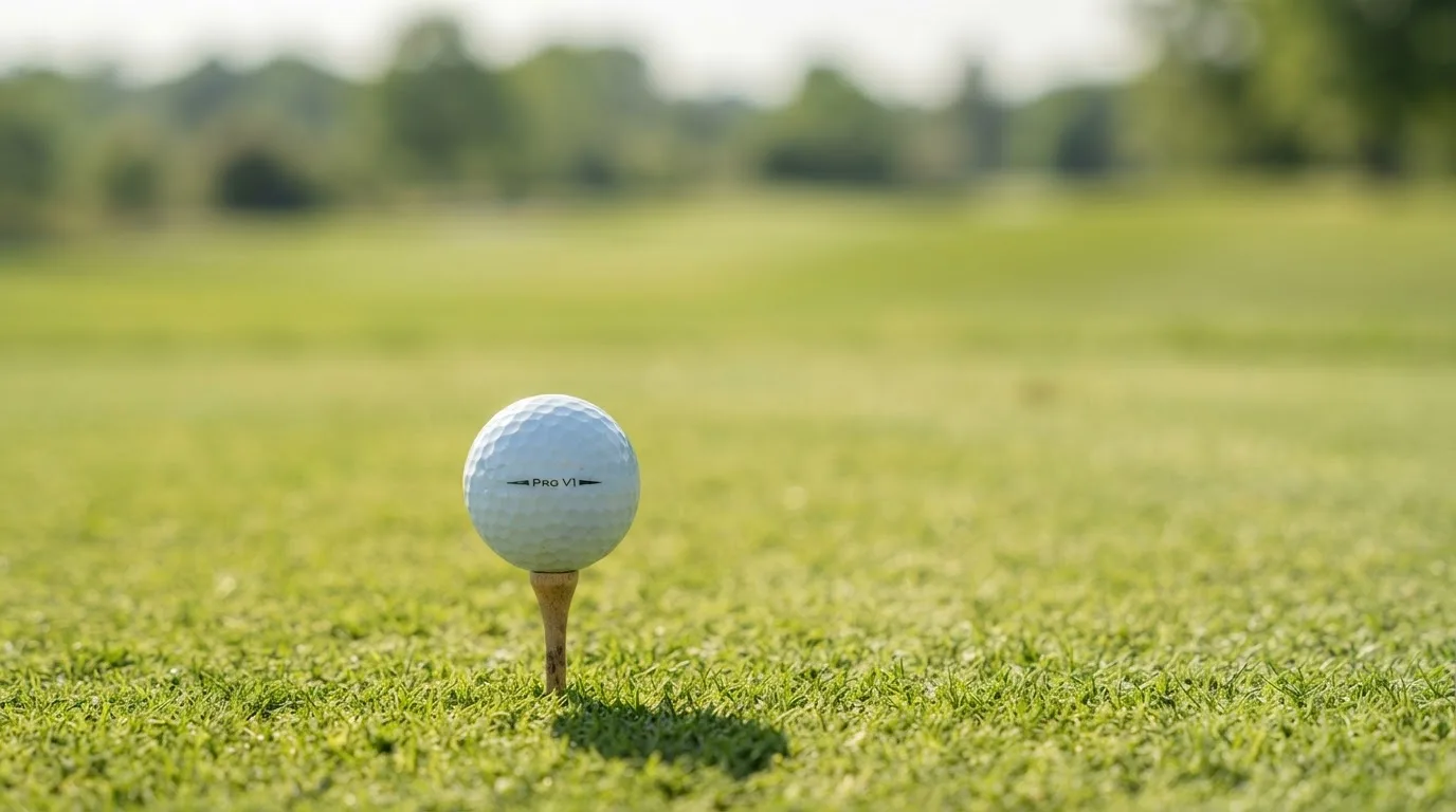 Ein Golfball liegt auf einem Holztee im Gras, scharf im Vordergrund, dahinter verschwimmt eine weite Wiese.