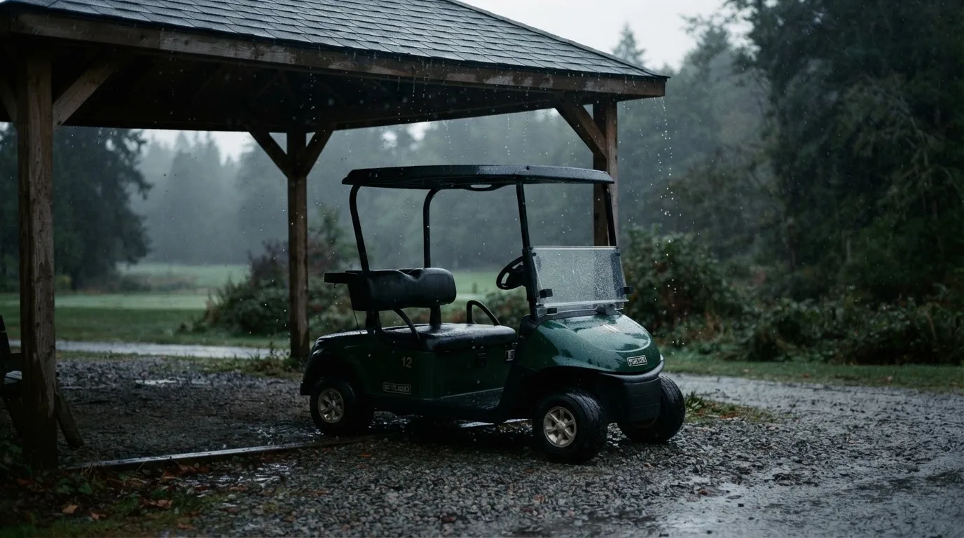 Ein leerer Golfwagen steht unter einem Vordach, Regen tropft vom Dachrand auf einen Kiesweg.