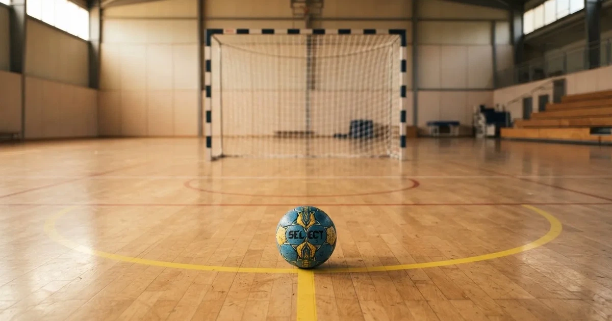 Ein Tor mit dicht gespanntem Netz steht in einer grossen Halle, davor liegt ein Handball auf der Torraumlinie.