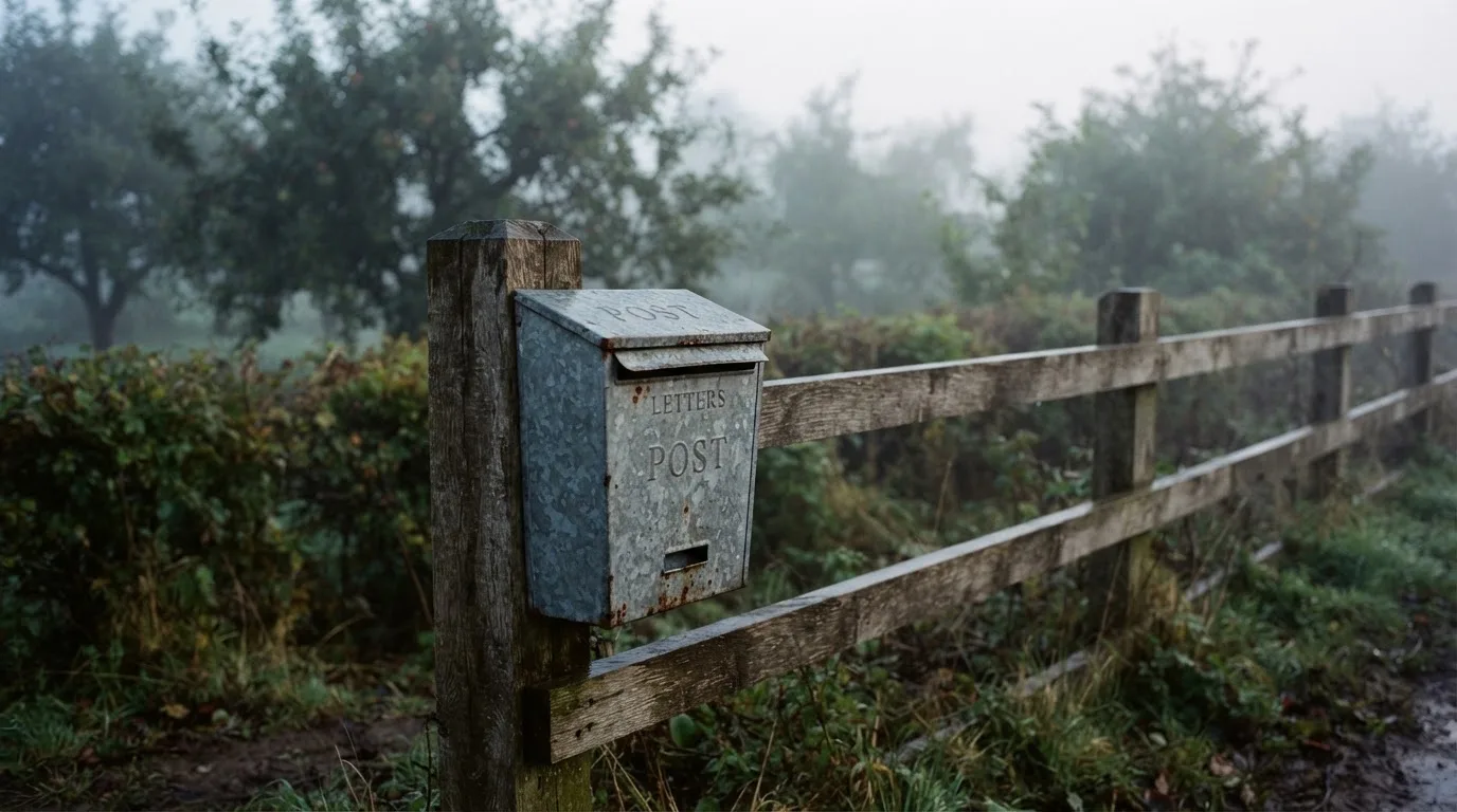 Ein Briefkasten aus Metall hängt an einem Holzzaun, dahinter liegt ein Garten im Morgennebel.