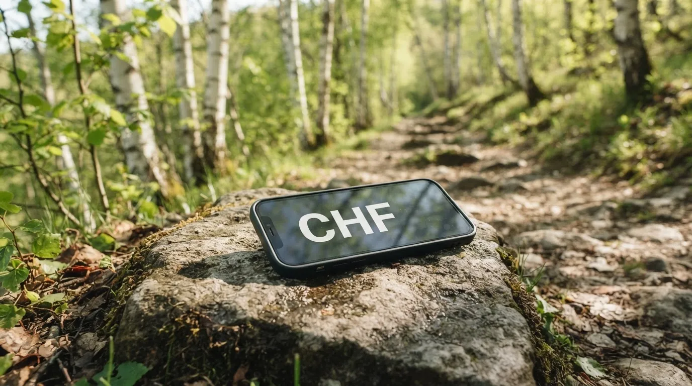 Ein Wanderweg führt zwischen hellen Birken bergauf, Sonnenstrahlen fallen durch das Laub auf den Boden.
