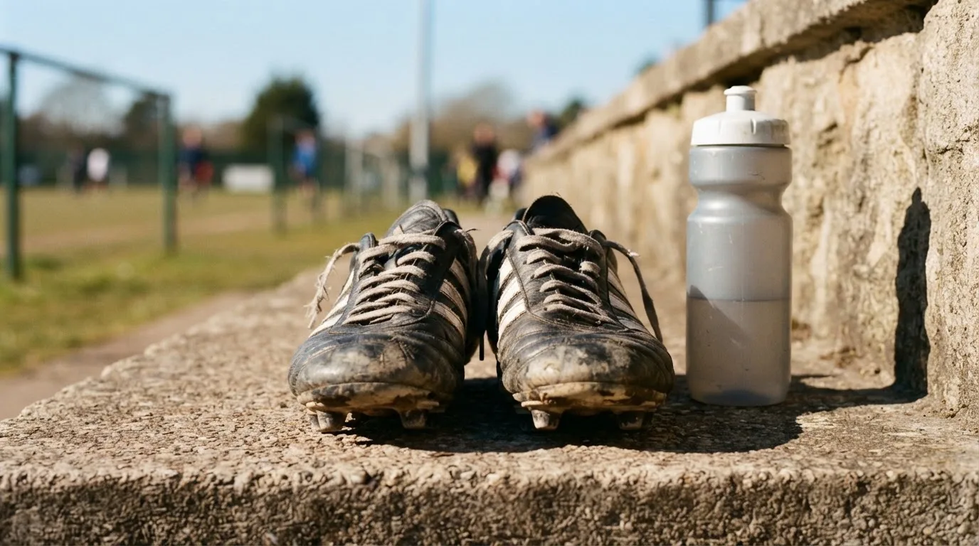 Ein Paar abgetragene Fussballschuhe steht neben einer Wasserflasche auf einer Treppenstufe im Sonnenlicht.