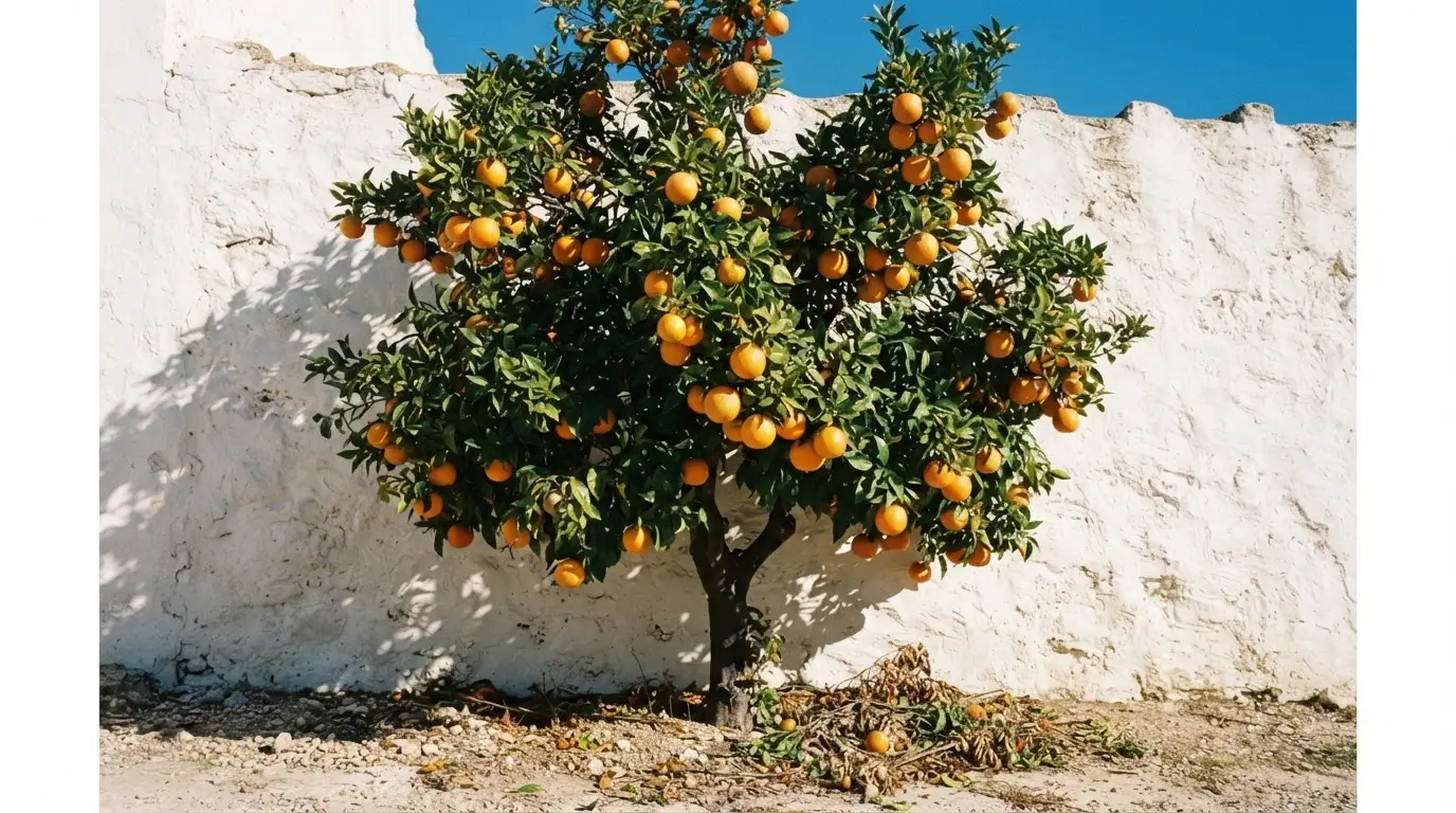 Ein Orangenbaum mit reifen Früchten wächst an einer weissen Mauer unter blauem Himmel.