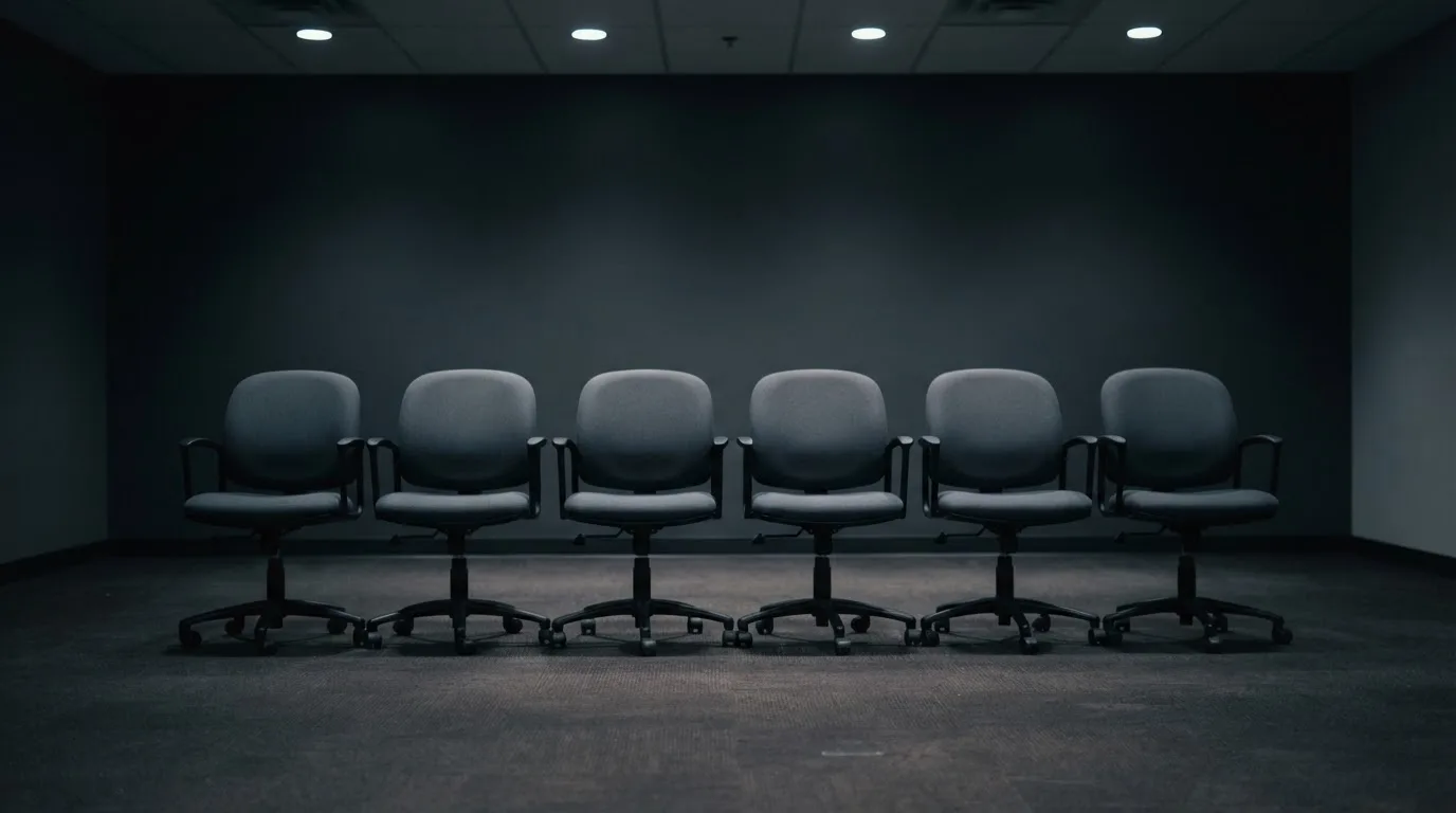 Eine Reihe leerer Bürostühle steht vor einer dunklen Wand in einem Raum mit gedämpftem Licht.