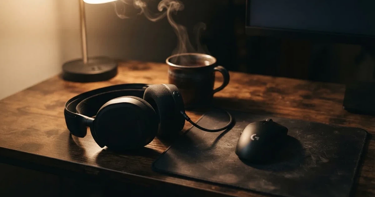Ein Headset und eine Computermaus liegen auf einem dunklen Schreibtisch, daneben ein Becher mit dampfendem Tee.