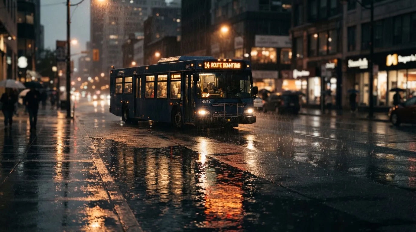 Ein Stadtbus fährt an einem regnerischen Abend durch eine Strasse mit Pfützen, die Lichter spiegeln sich im Asphalt.