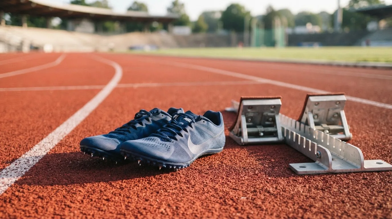 Ein Paar Laufschuhe mit Spikes liegt auf einer Tartanbahn neben einem Startblock, die Linien verlaufen in die Ferne.