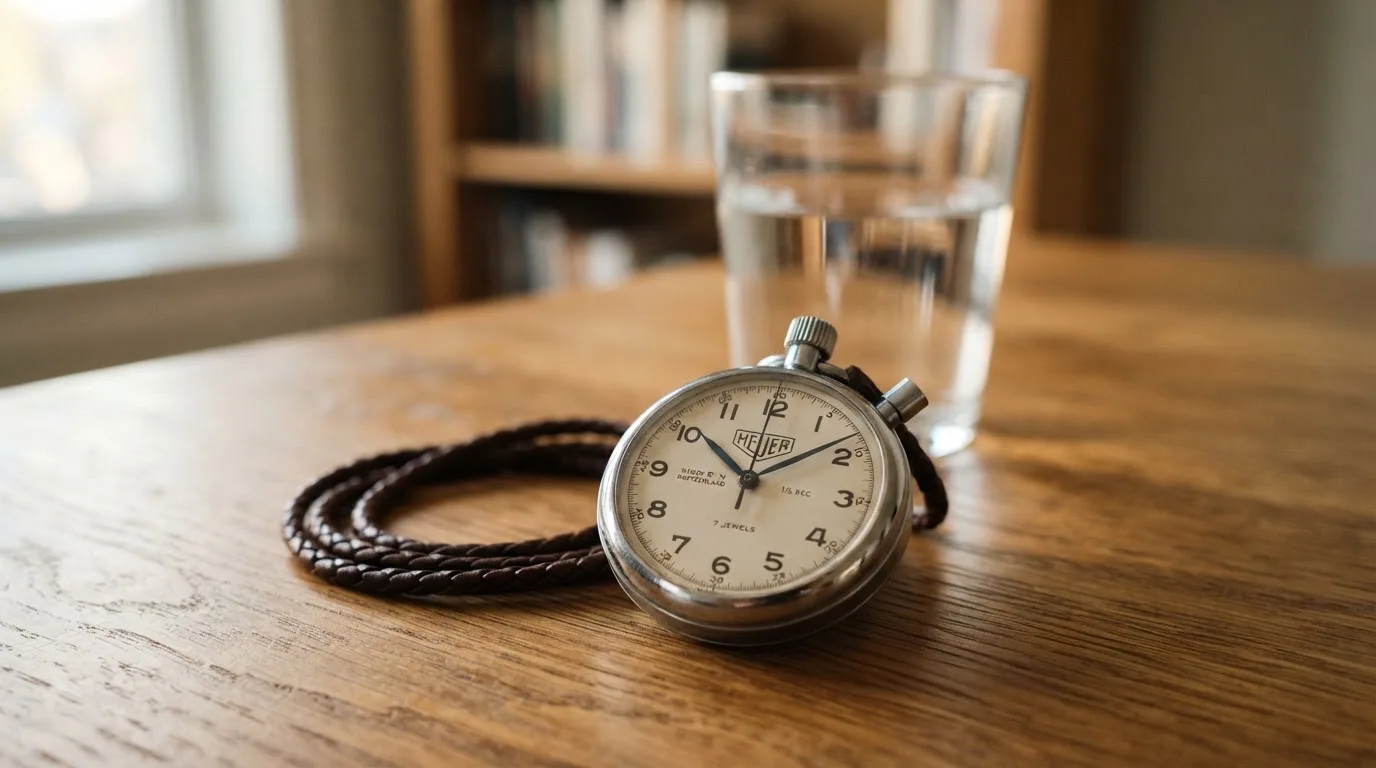 Eine Stoppuhr an einer Schnur liegt auf einem Holztisch neben einem Wasserglas, das Licht ist ruhig.