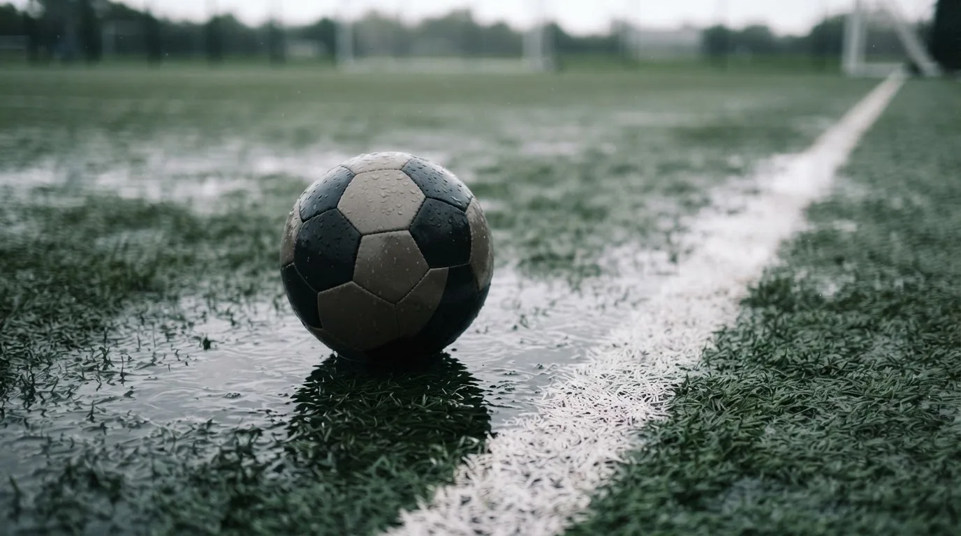 Ein Fussball liegt auf nassem Kunstrasen neben einer weissen Linie, Pfützen spiegeln den Himmel.