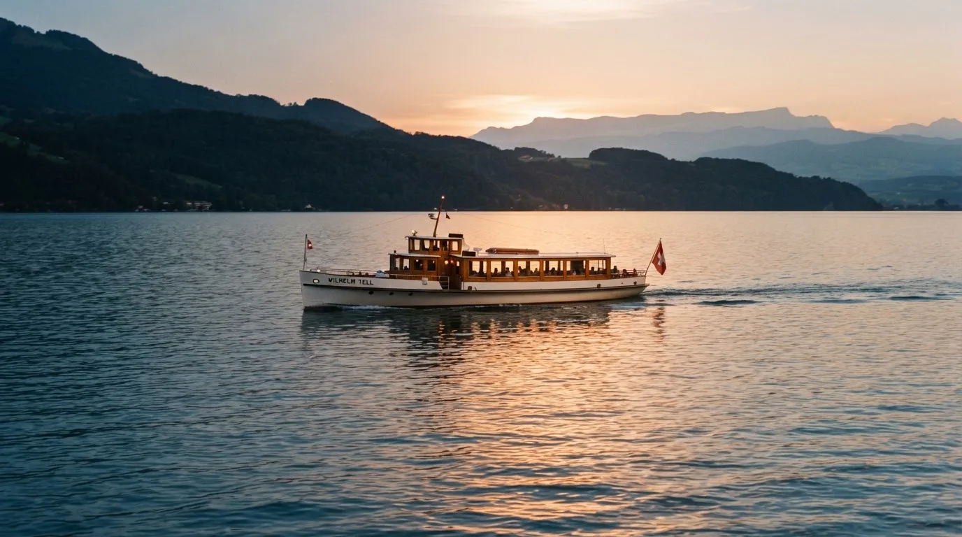 Eine Fähre gleitet bei Sonnenuntergang über einen ruhigen See, das Wasser glänzt in Orange.